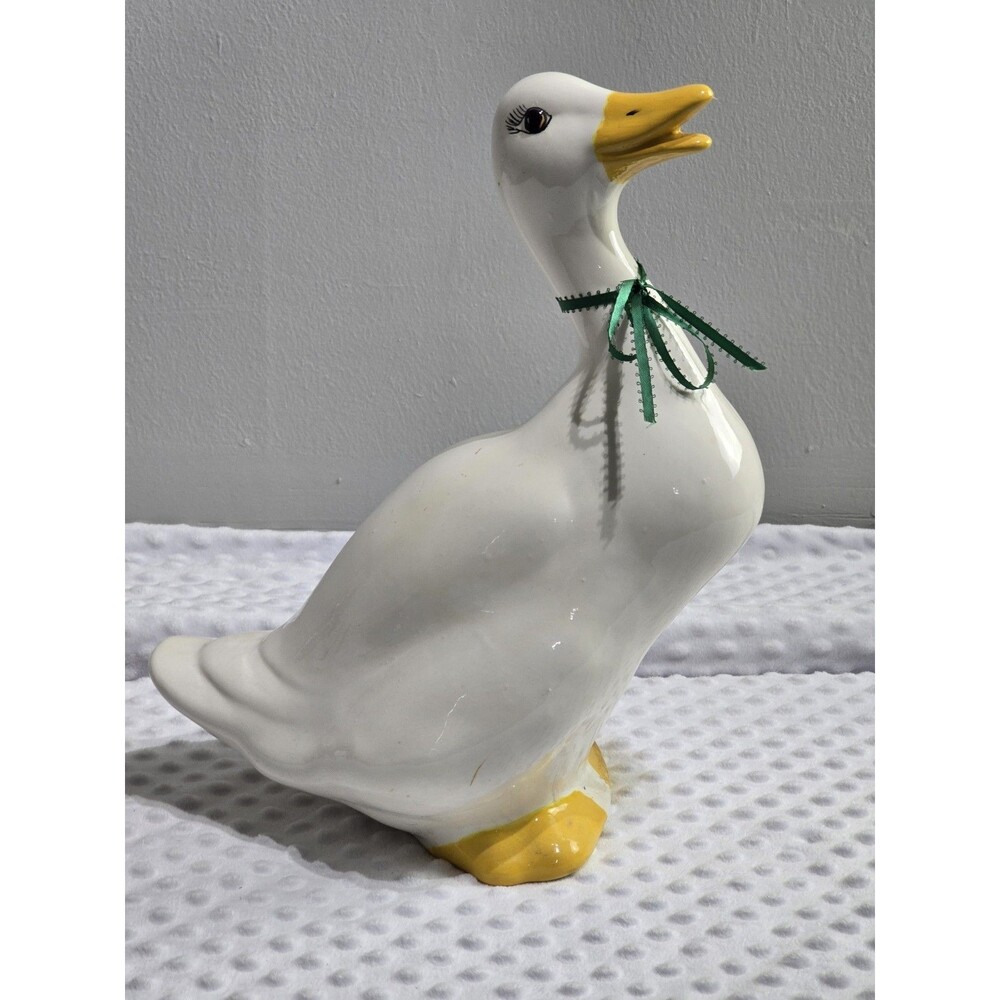 Vintage 1980's Ceramic Goose Figurine 15" White With Green Ribbon Bow Outdoors